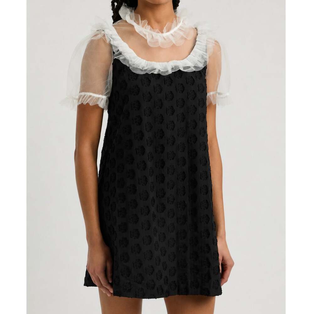 Sister Jane Mini Dress Tulle Floral Black Ruffle Collar Goth Babydoll-Small